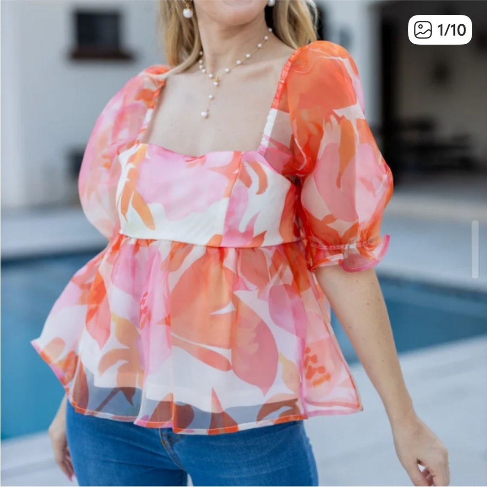 TCEC Babydoll Style Top Floral Organza